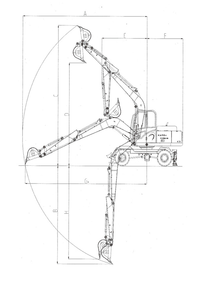 沃尔华DLS880-9A 7.2吨轮式液压挖掘机工作范围